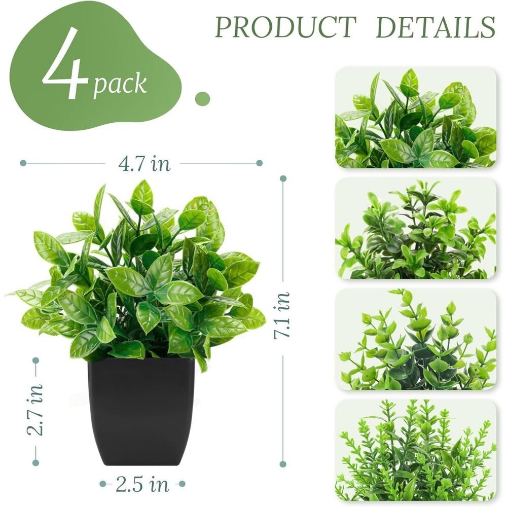 4 Pack Black Fake Plants Mini Artificial Greenery Potted Plants for Home Decor - Picture 3 of 6
